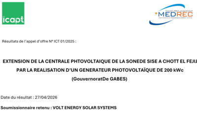 [ICAPT] Résultats de l’appel d’offre – Extension de la Centrale Phtovoltaique de la Sonede